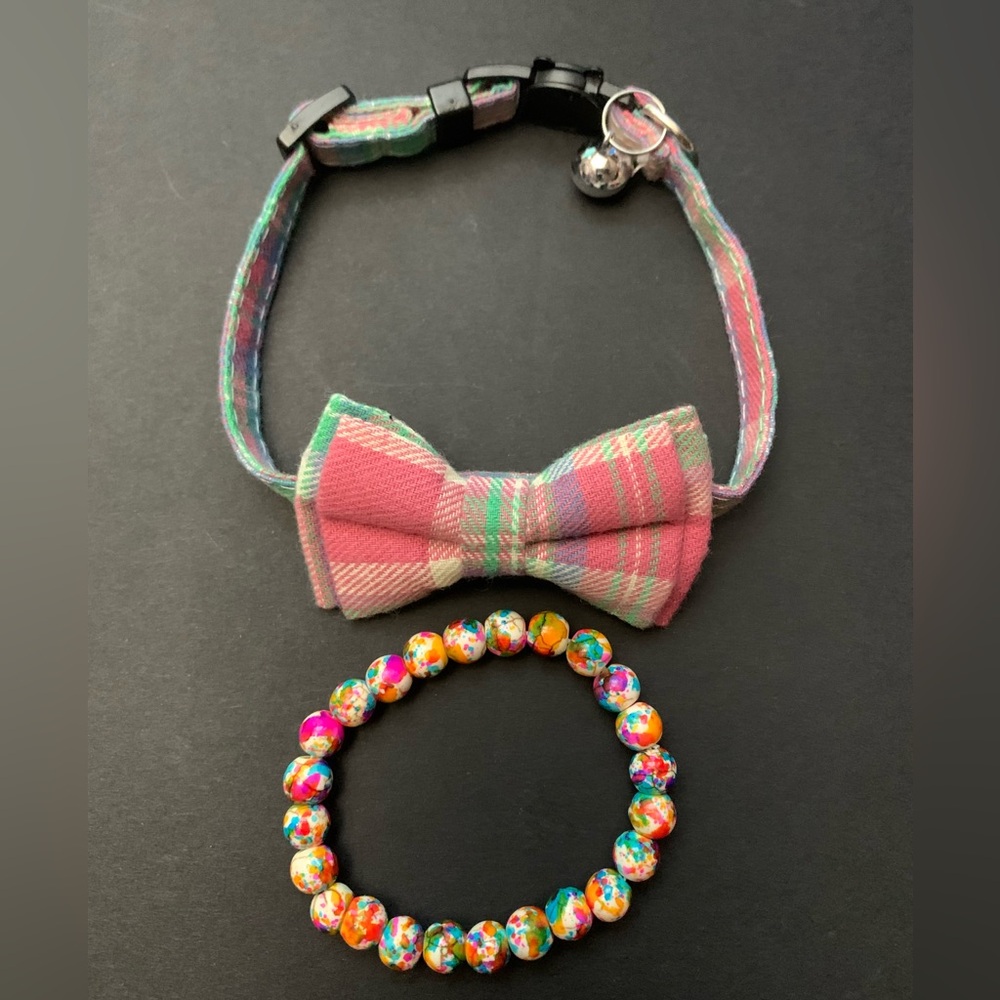 Kids Pink Plaid Bow Collar with Colorful Bead Bracelet